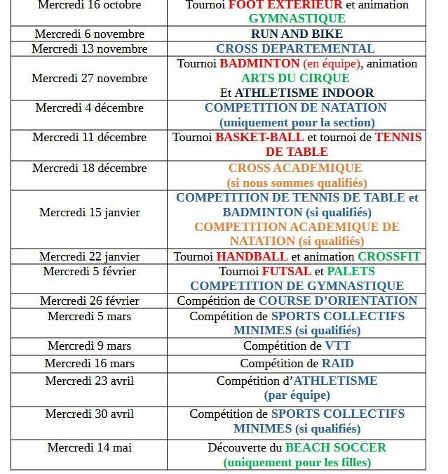 Programmation des activités et tournois pour l’année 2024/2025